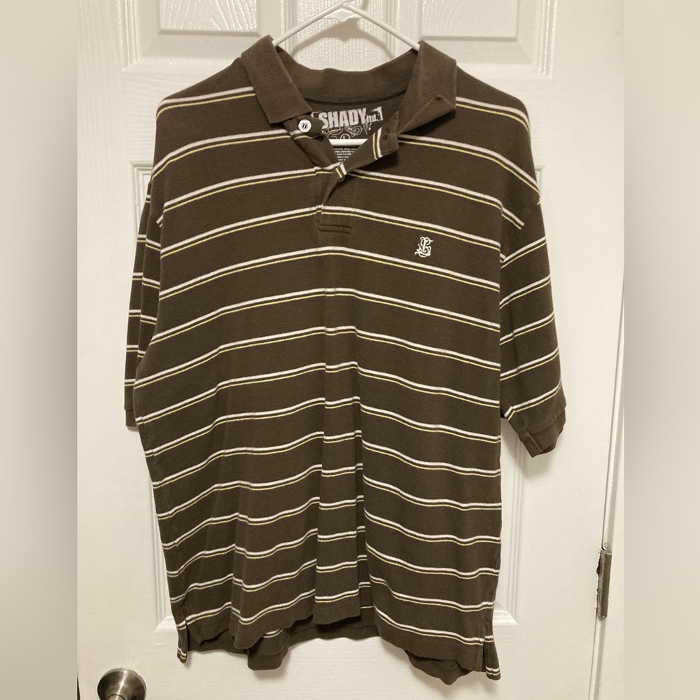 *Shady ltd. Eminem Vintage Brown Striped Men's Large Polo Short Sleeve Shirt #IH